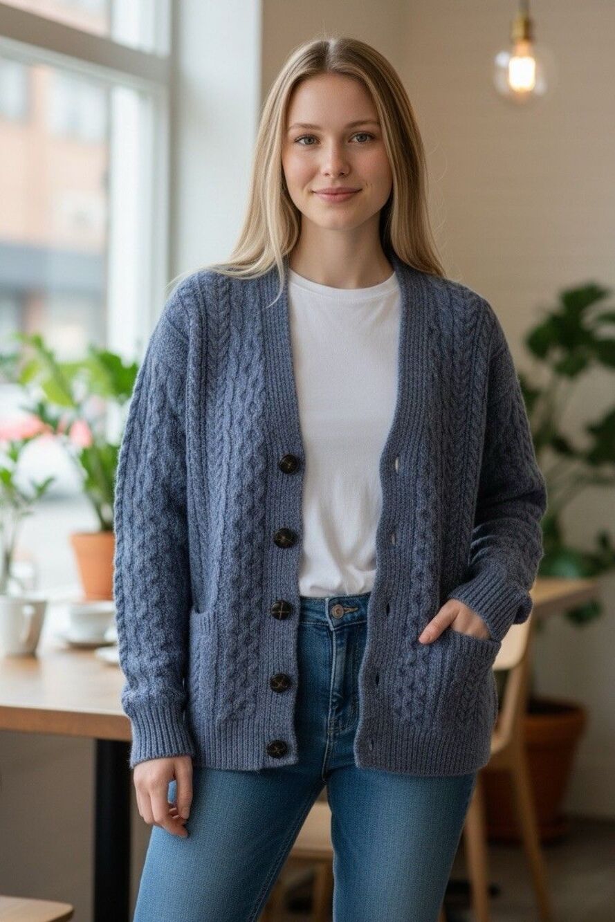 Aran Sweater Market Women’s Wool Cardigan Blue Irish Cable Knit Measures Size S